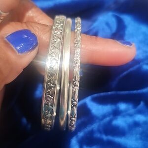 925 Sterling Silver Ladies Very Floral Engraved Bangle Set Of Three Size 8